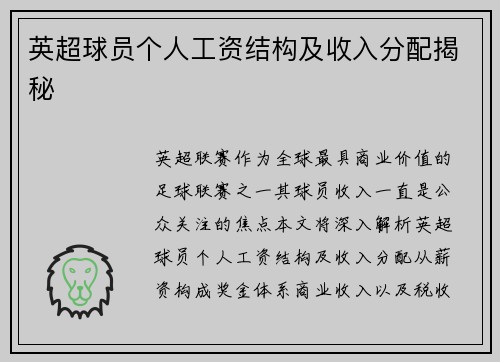 英超球员个人工资结构及收入分配揭秘